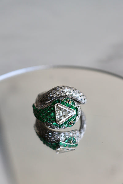 Art Deco Inspired Diamond and Emerald Platinum Snake Ring Rings Jack Weir & Sons   