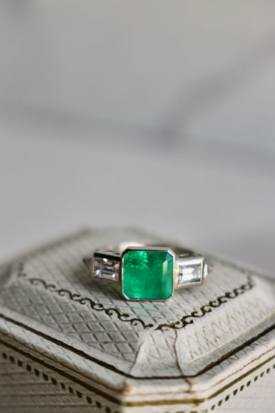 Art Deco Inspired Emerald and Diamond Platinum Ring Rings Jack Weir & Sons   