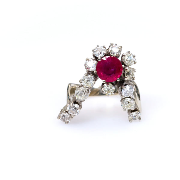 Mid-Century Ruby Diamond 14k White Gold Ring