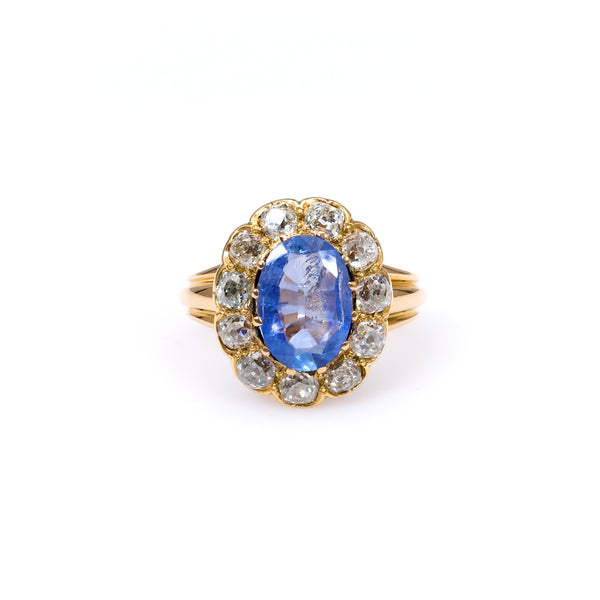 Antique Sapphire and Diamond 18k Yellow Gold Cluster Ring