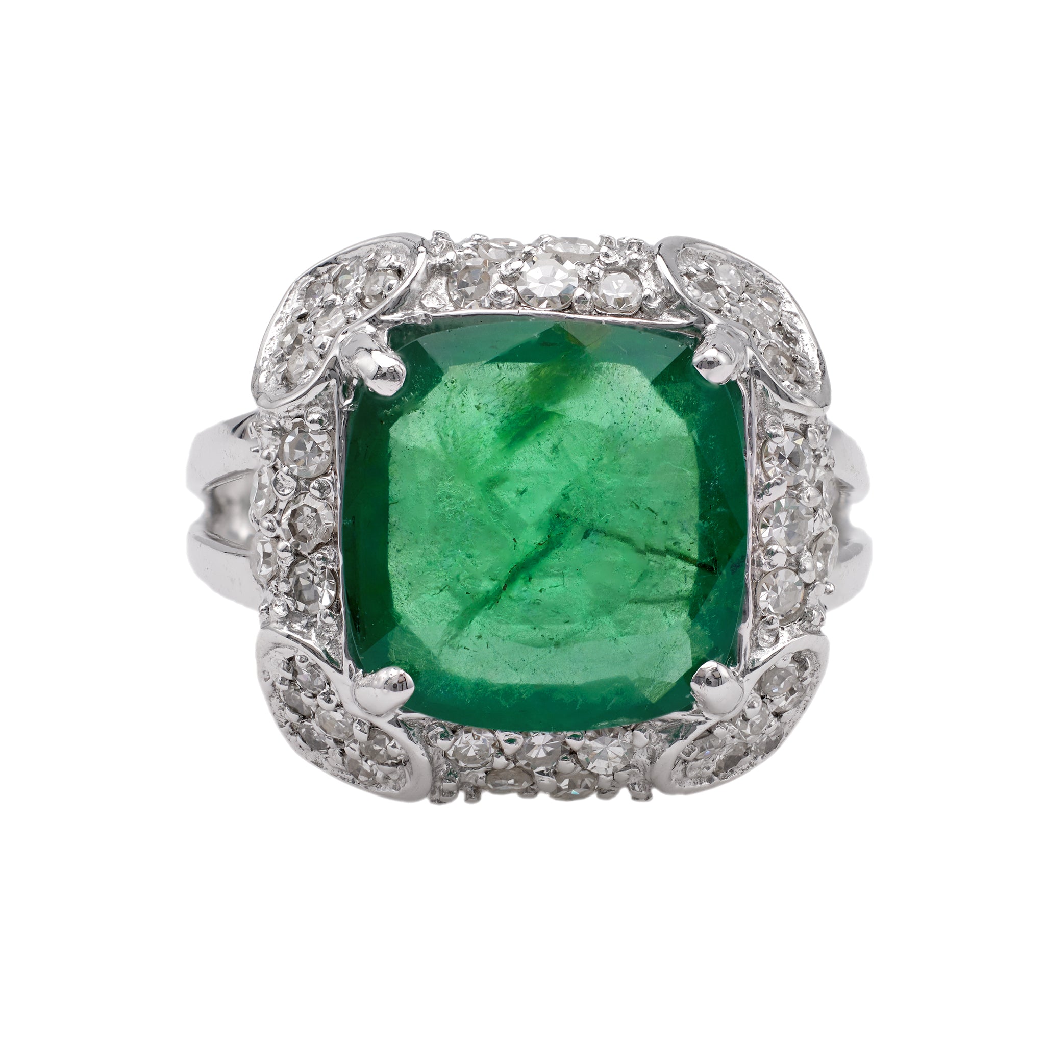 Vintage GIA 4.00 Carat Zambian Emerald Diamond 14k White Gold Ring Rings Jack Weir & Sons   