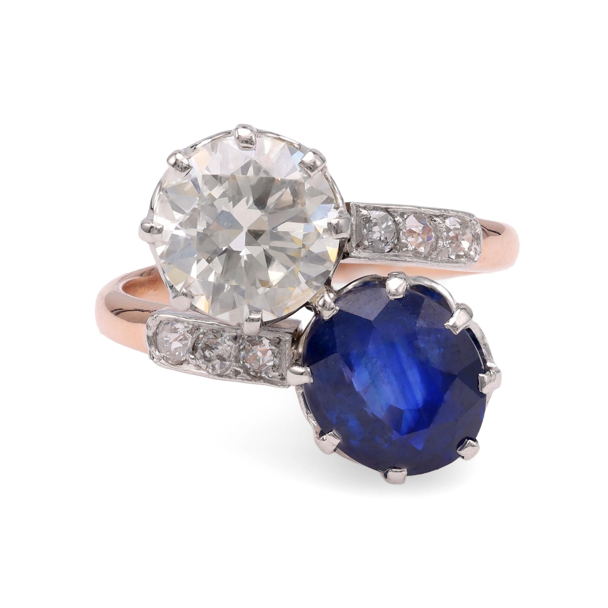 Edwardian GIA 2.07 Carat Diamond & 2.89 Carat Sapphire Toi Et Moi Rose Gold Ring