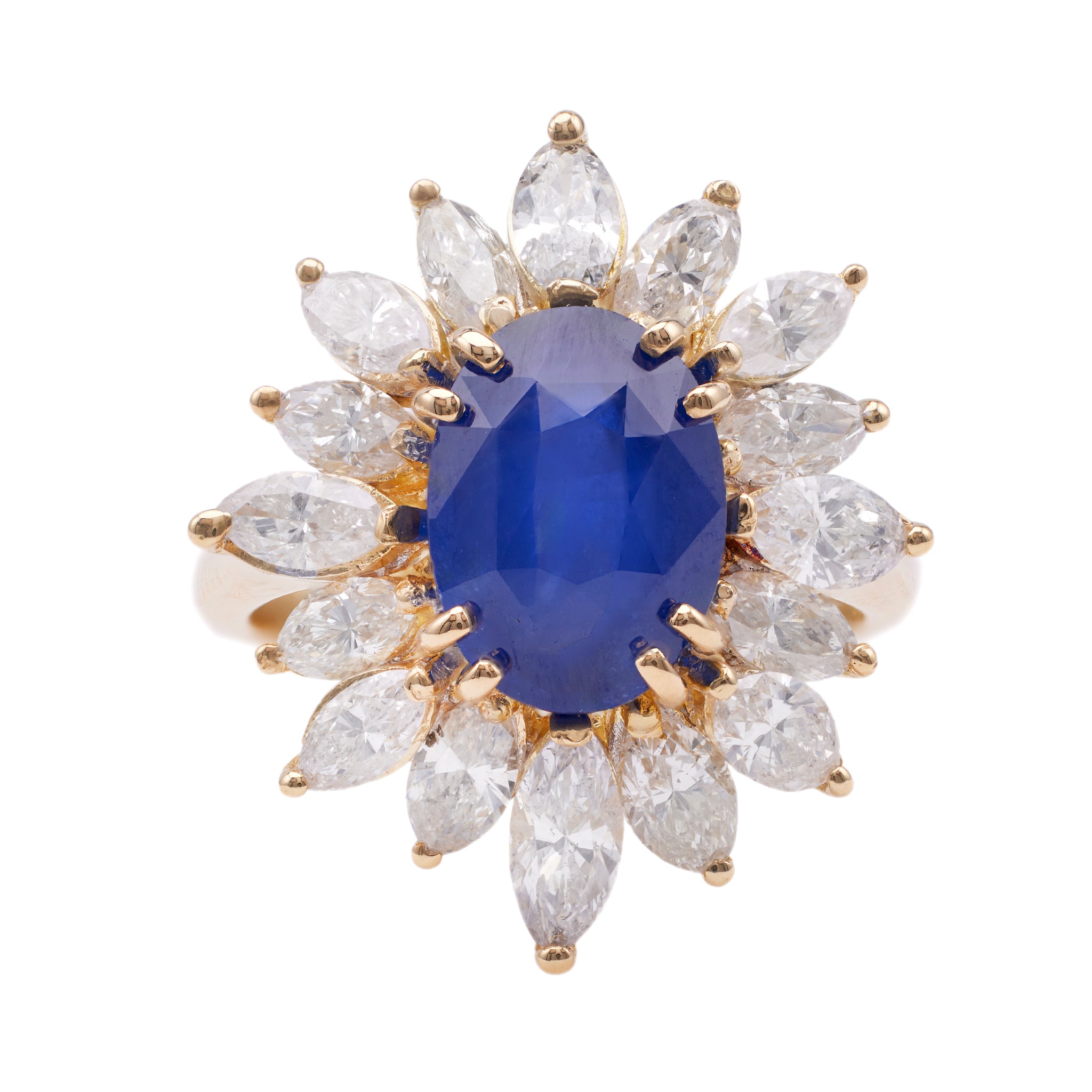 Vintage French GIA Ceylon Sapphire Diamond 18k Yellow Gold Cluster Ring Rings Jack Weir & Sons   