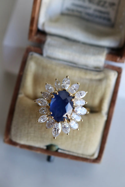 Vintage French GIA Ceylon Sapphire Diamond 18k Yellow Gold Cluster Ring Rings Jack Weir & Sons   