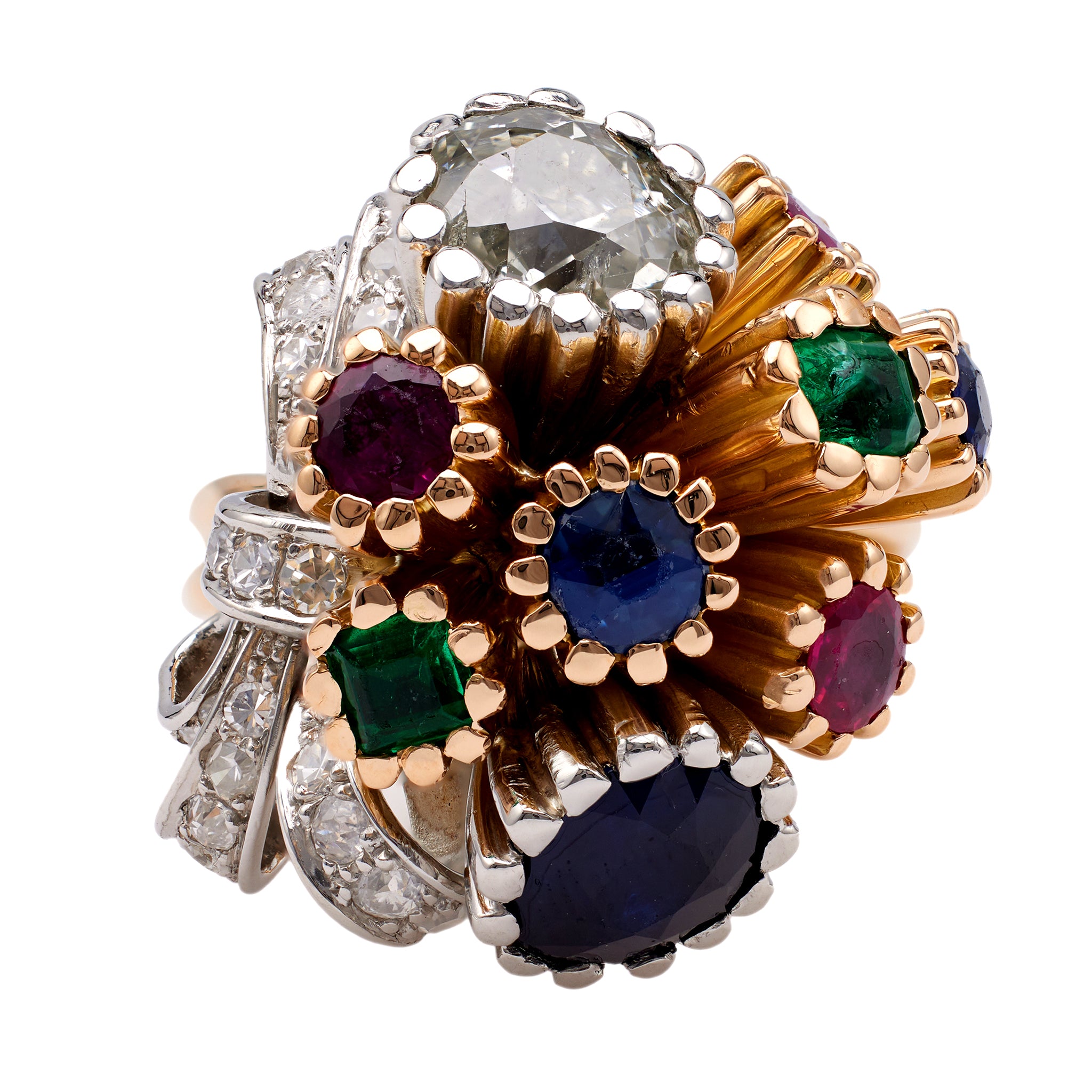 Mid-Century French Diamond and Gemstone 18k Yellow Gold Cocktail Ring Rings Jack Weir & Sons   