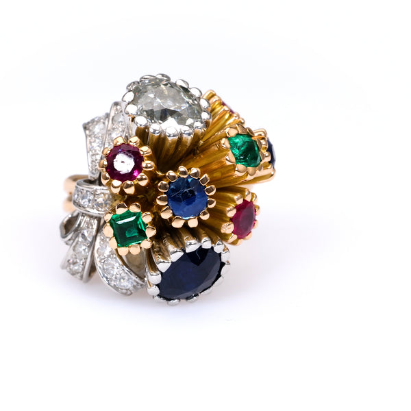 Mid-Century French Diamond and Gemstone 18k Yellow Gold Cocktail Ring