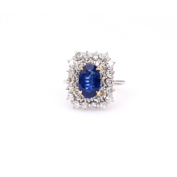 Vintage GIA 2.08 Carat Ceylon Sapphire 18k White Gold Double Halo Ring