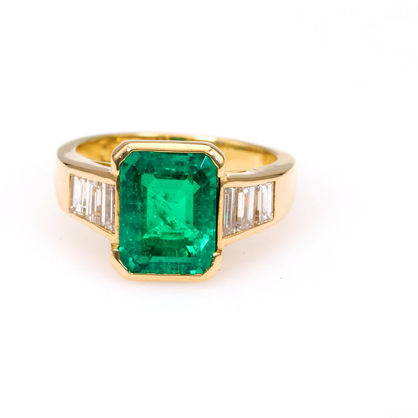 Vintage French AGL Colombian Minor Oil Emerald 18k Yellow Gold Ring