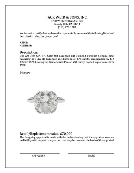 Art Deco GIA 4.78 Carat Old European Cut Diamond Platinum Solitaire Ring Rings Jack Weir & Sons   