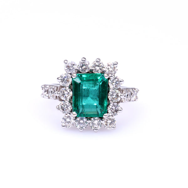 Vintage French GIA Zambian Emerald Diamond 18k White Gold Ring