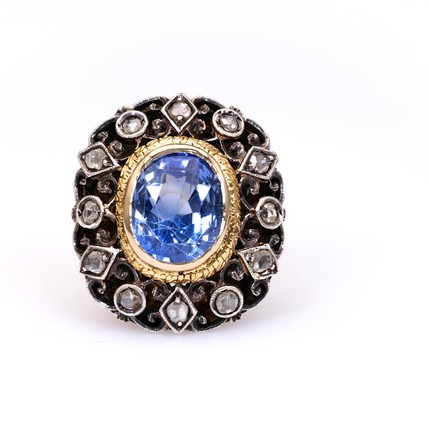 Antique IGI Ceylon No Heat Sapphire and Diamond 18k Yellow Gold Silver Ring