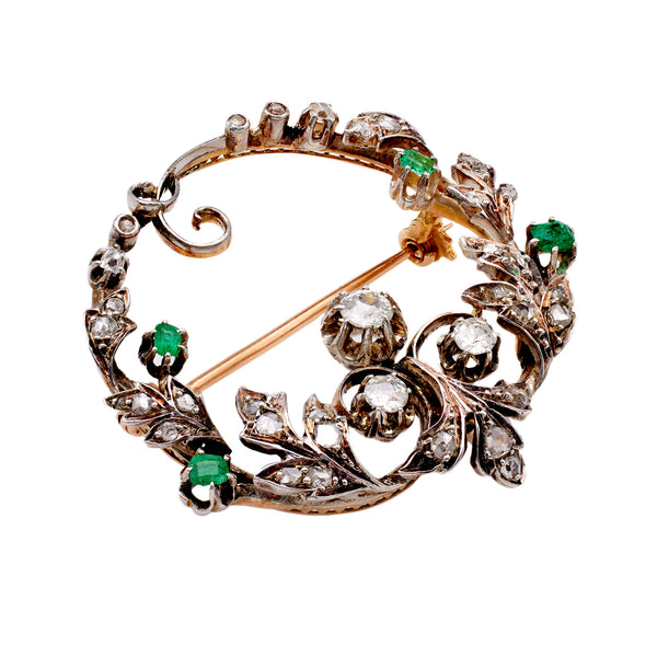 Late Victorian Diamond Emerald 14k Yellow Gold Silver Brooch Brooches Jack Weir & Sons   