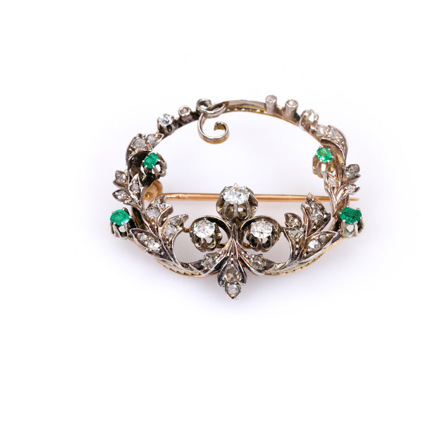 Late Victorian Diamond Emerald 14k Yellow Gold Silver Brooch
