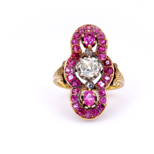 Antique French Diamond and Ruby 18k Yellow Gold Ring