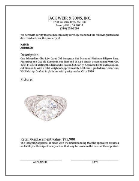 Edwardian GIA 4.14 Carat Old European Cut Diamond Platinum Filigree Ring Rings Jack Weir & Sons   