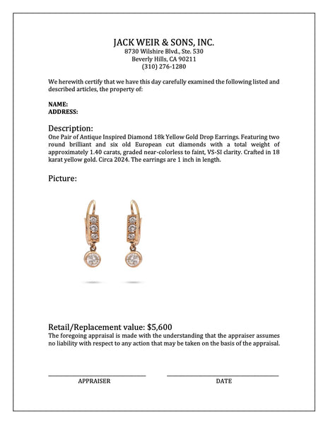 Antique Inspired Diamond 18k Yellow Gold Drop Earrings Earrings Jack Weir & Sons   