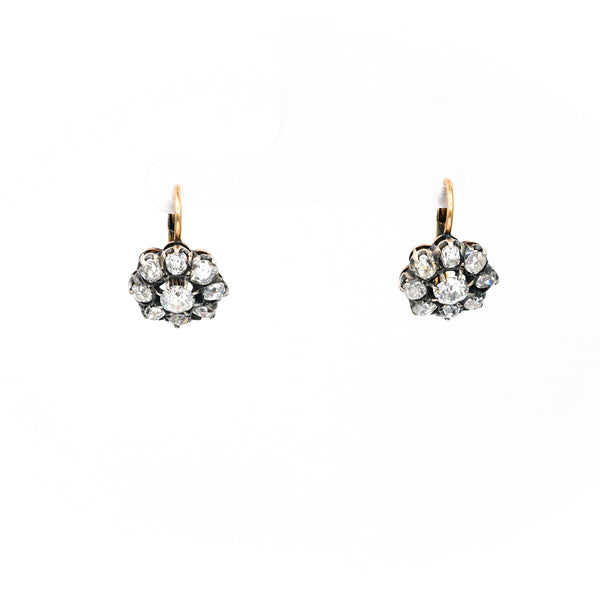 Antique Inspired Diamond Silver 18k Yellow Gold Cluster Earrings