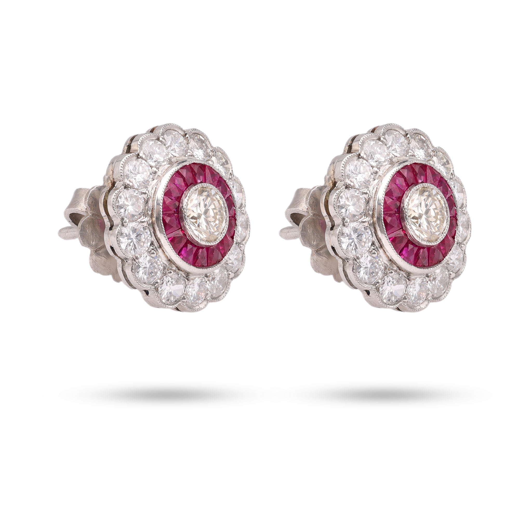 Art Deco Inspired Diamond Ruby Platinum Target Earrings