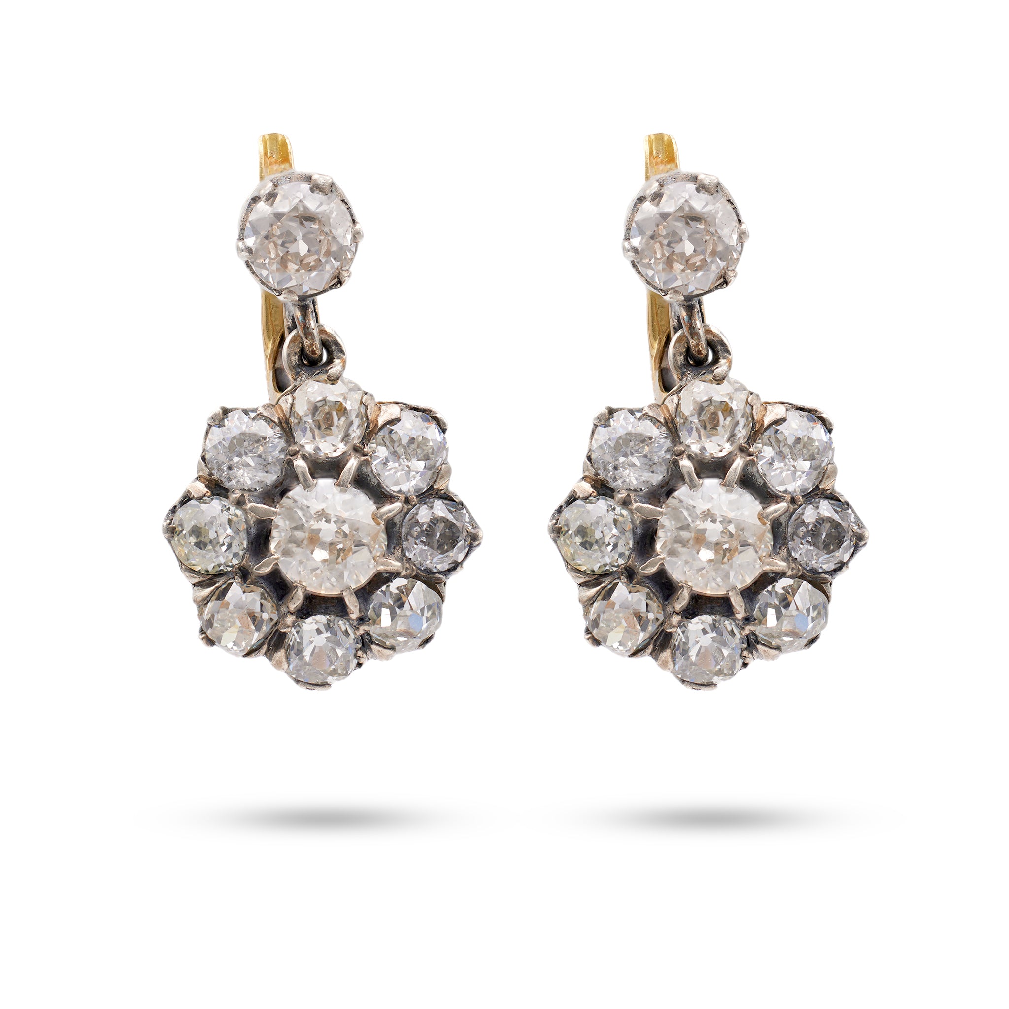 Antique Inspired Diamond 18k Yellow Gold Silver Cluster Earrings