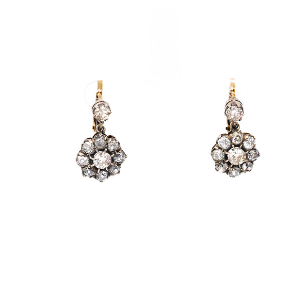 Antique Inspired Diamond 18k Yellow Gold Silver Cluster Earrings
