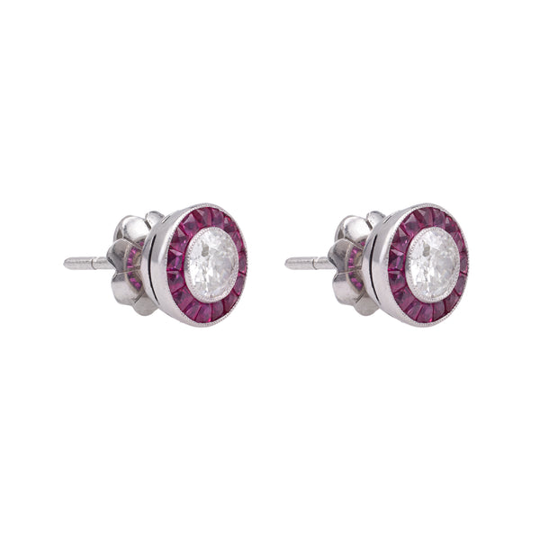 Art Deco Inspired Diamond and Ruby Target Stud Earrings Earrings Jack Weir & Sons   