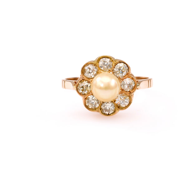 Edwardian Pearl Diamond 18k Yellow Gold Cluster Ring