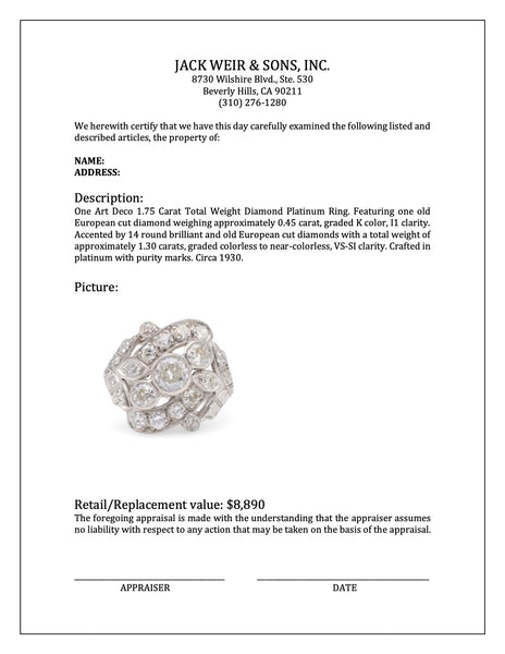 Art Deco 1.75 Carat Total Weight Diamond Platinum Ring Rings Jack Weir & Sons   