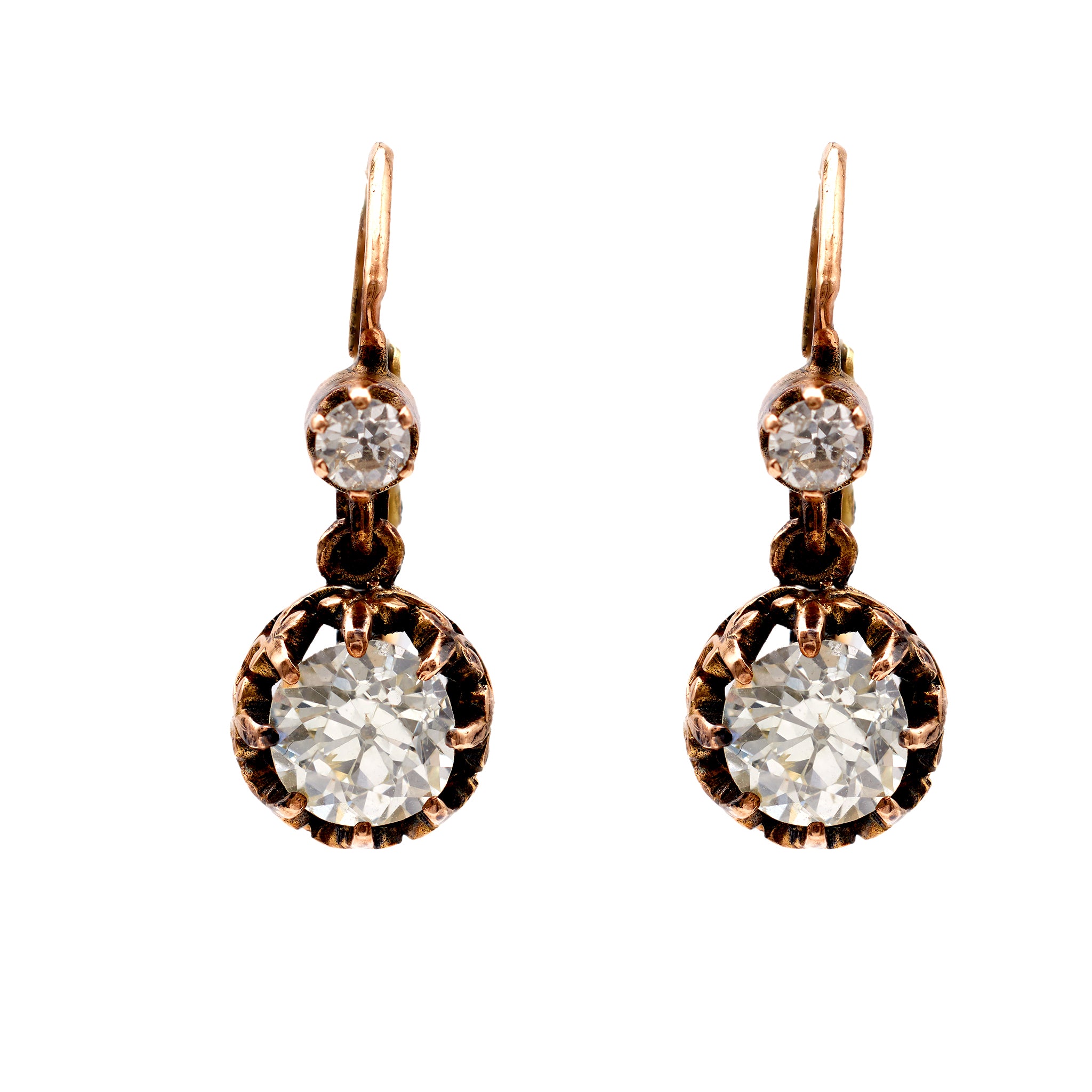 Antique Inspired 1.93 Carat Diamond 18k Gold Drop Earrings Earrings Jack Weir & Sons   