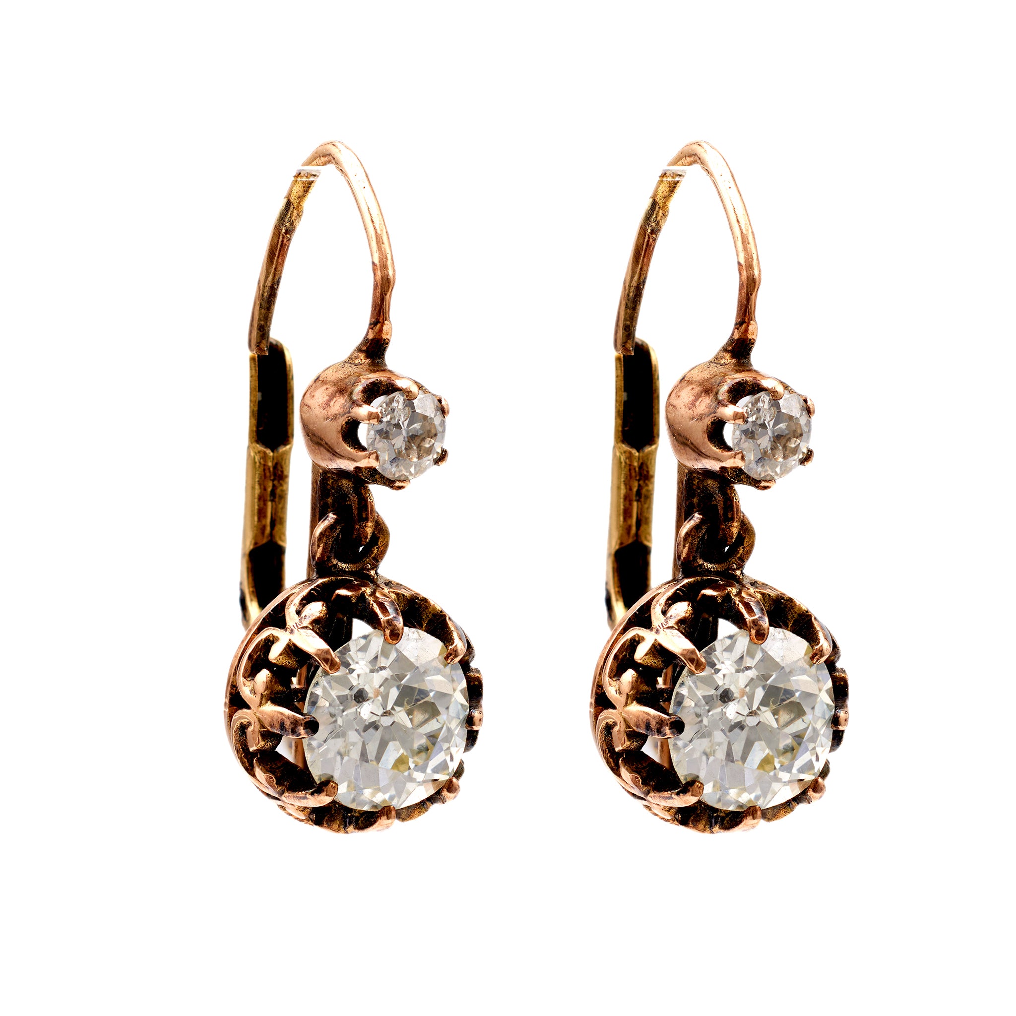 Antique Inspired 1.93 Carat Diamond 18k Gold Drop Earrings Earrings Jack Weir & Sons   