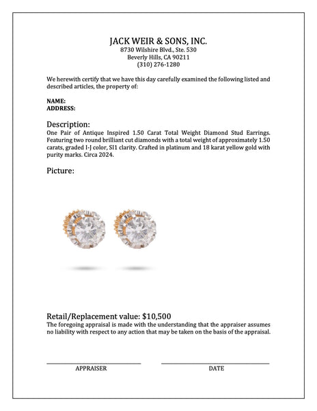 Antique Inspired 1.50 Carat Total Weight Diamond Stud Earrings Earrings Jack Weir & Sons   