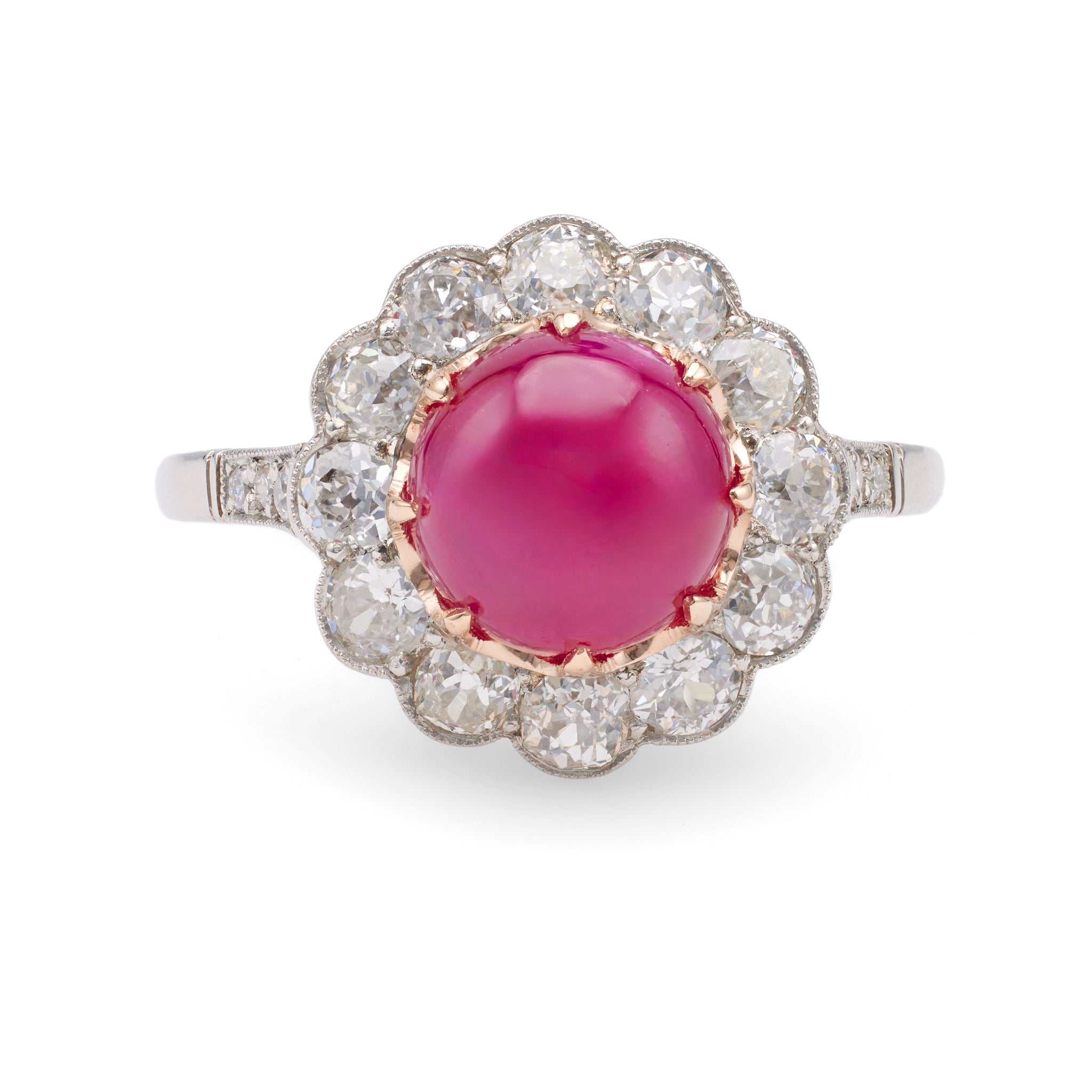 Art Deco Inspired Ruby Diamond Platinum 14k Yellow Gold Ring