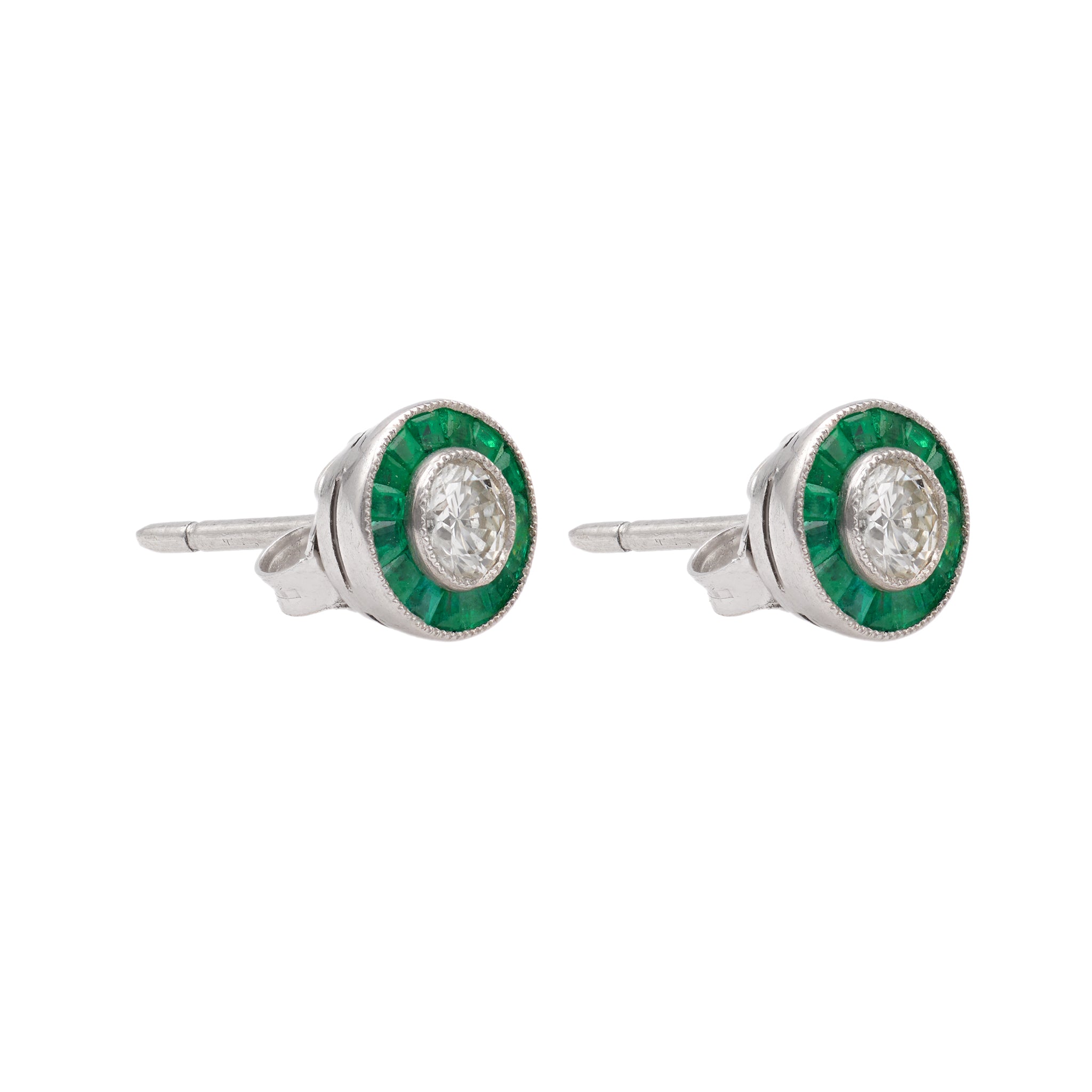 Art Deco Inspired Diamond and Emerald Platinum Target Stud Earrings Earrings Jack Weir & Sons   