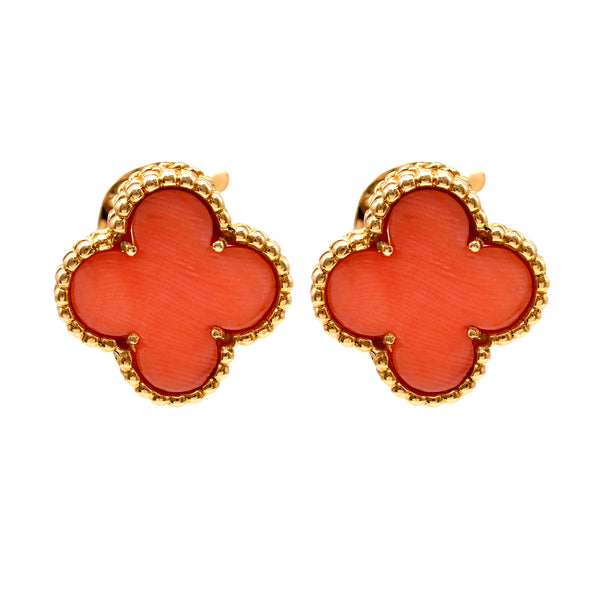 Pair of Vintage Van Cleef and Arpels French Coral 18k Yellow Gold Alhambra Clip On Earrings Earrings Jack Weir & Sons   