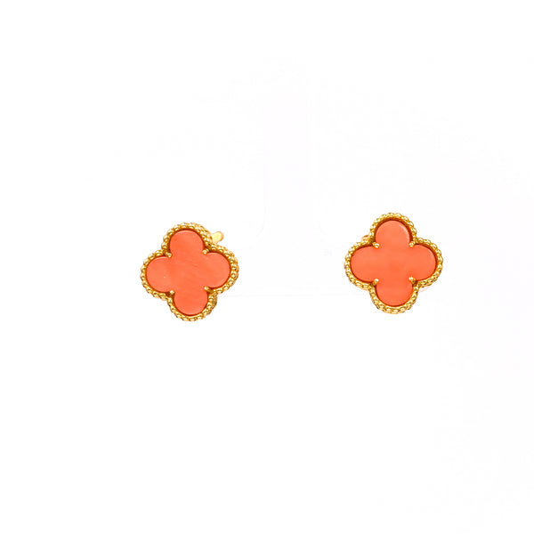Pair of Vintage Van Cleef and Arpels French Coral 18k Yellow Gold Alhambra Clip On Earrings