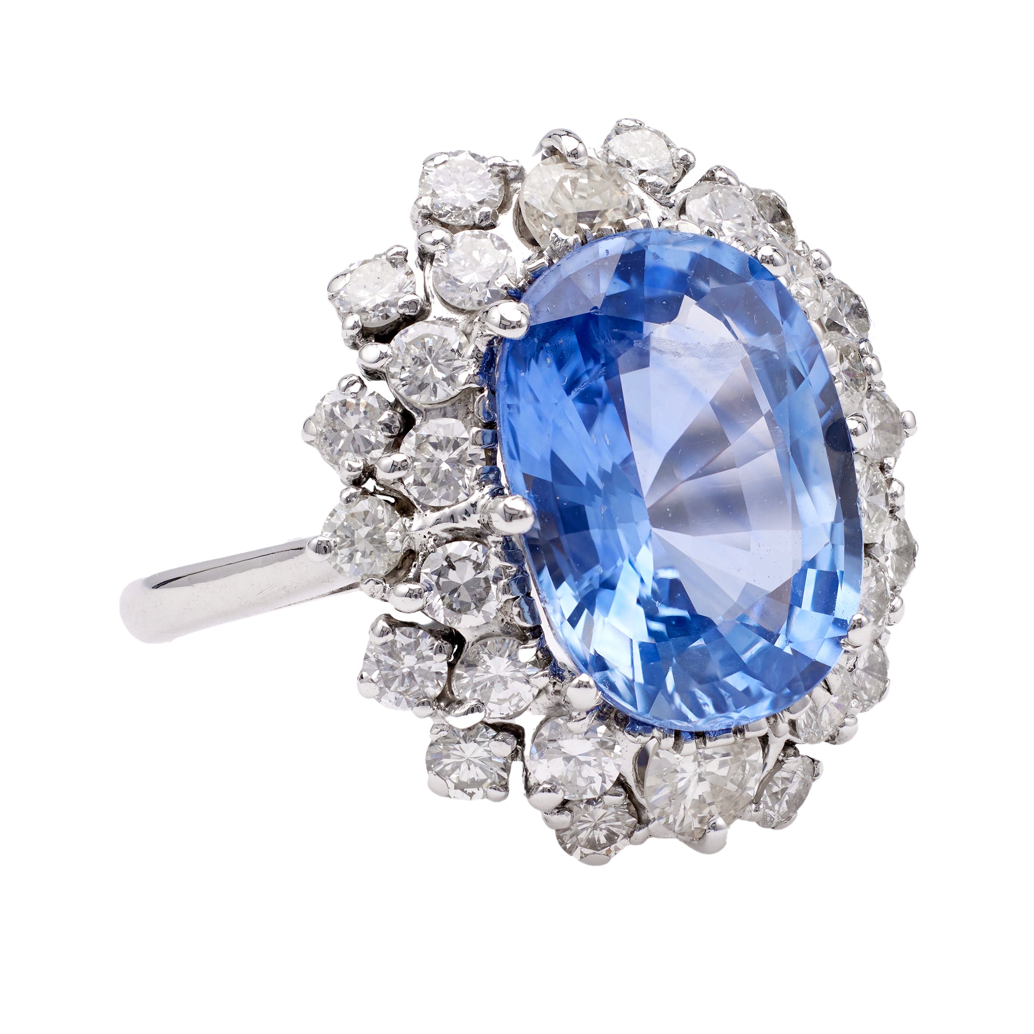 Mid-Century GIA 6.99 Carat Sapphire and Diamond 14k White Gold Cluster Ring Rings Jack Weir & Sons   