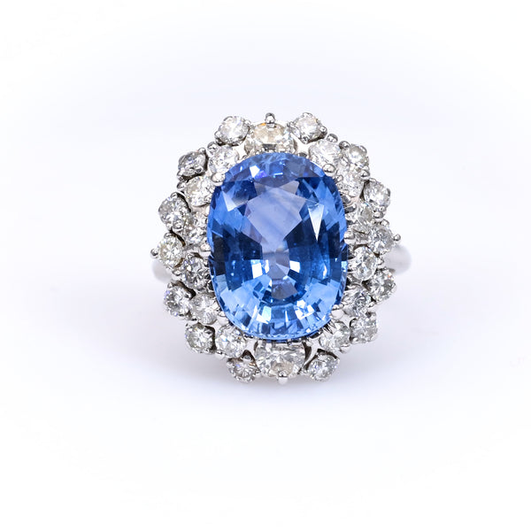 Mid-Century GIA 6.99 Carat Sapphire and Diamond 14k White Gold Cluster Ring