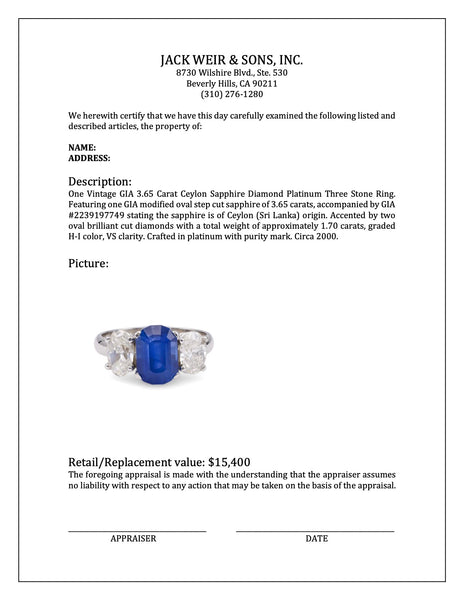 Vintage GIA 3.65 Carat Ceylon Sapphire Diamond Platinum Three Stone Ring Rings Jack Weir & Sons   