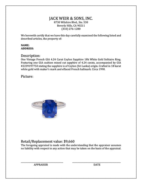 Vintage French GIA 4.24 Carat Ceylon Sapphire 18k White Gold Solitaire Ring Rings Jack Weir & Sons   