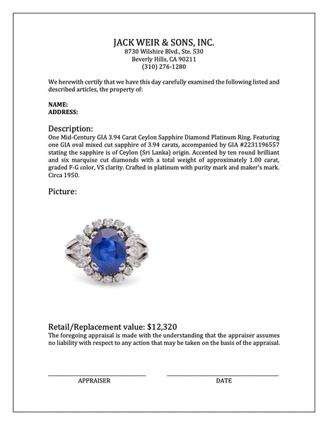 Mid-Century GIA 3.94 Carat Ceylon Sapphire Diamond Platinum Ring Rings Jack Weir & Sons   