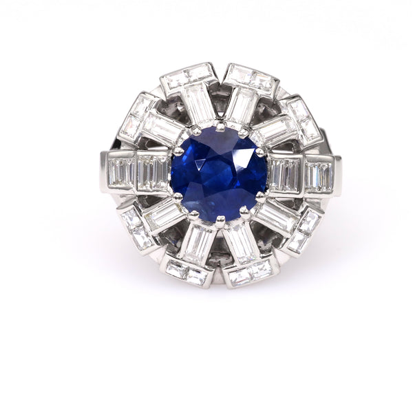 Art Deco French GIA 3.47 Carat Ceylon Sapphire Diamond Platinum Cocktail Ring