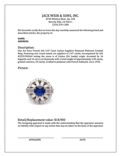 Art Deco French GIA 3.47 Carat Ceylon Sapphire Diamond Platinum Cocktail Ring Rings Jack Weir & Sons   