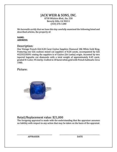 Vintage French GIA 8.20 Carat Ceylon Sapphire Diamond 18k White Gold Ring Rings Jack Weir & Sons   