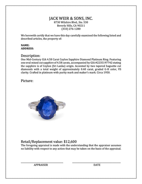Mid-Century GIA 4.58 Carat Ceylon Sapphire Diamond Platinum Ring Rings Jack Weir & Sons   