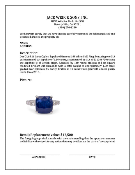 GIA 6.16 Carat Ceylon Sapphire Diamond 18k White Gold Ring Rings Jack Weir & Sons   