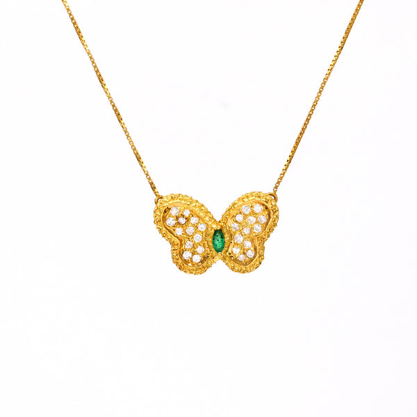 Vintage Italian Emerald and Diamond 18k Yellow Gold Butterfly Necklace Necklaces Jack Weir & Sons   