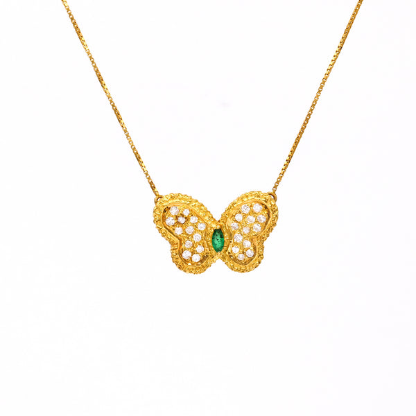 Vintage Italian Emerald and Diamond 18k Yellow Gold Butterfly Necklace