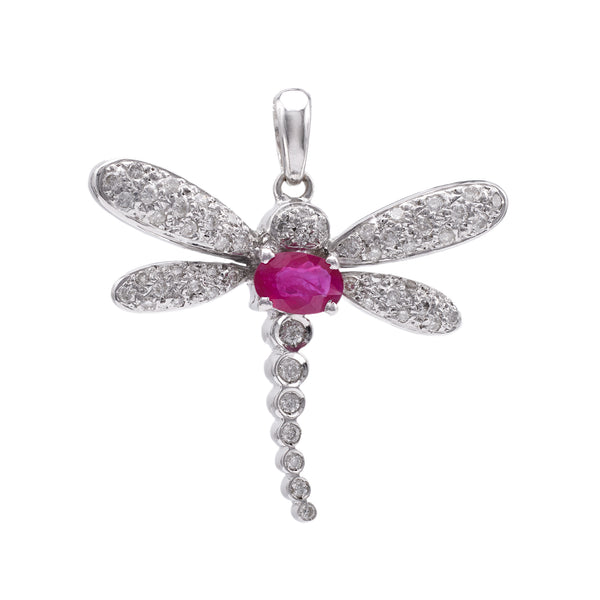 Vintage French Ruby Diamond 18k White Gold Dragonfly Pendant Pendants Jack Weir & Sons   