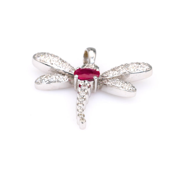 Vintage French Ruby Diamond 18k White Gold Dragonfly Pendant