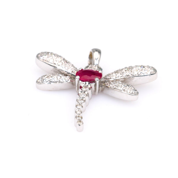 Vintage French Ruby Diamond 18k White Gold Dragonfly Pendant Pendants Jack Weir & Sons