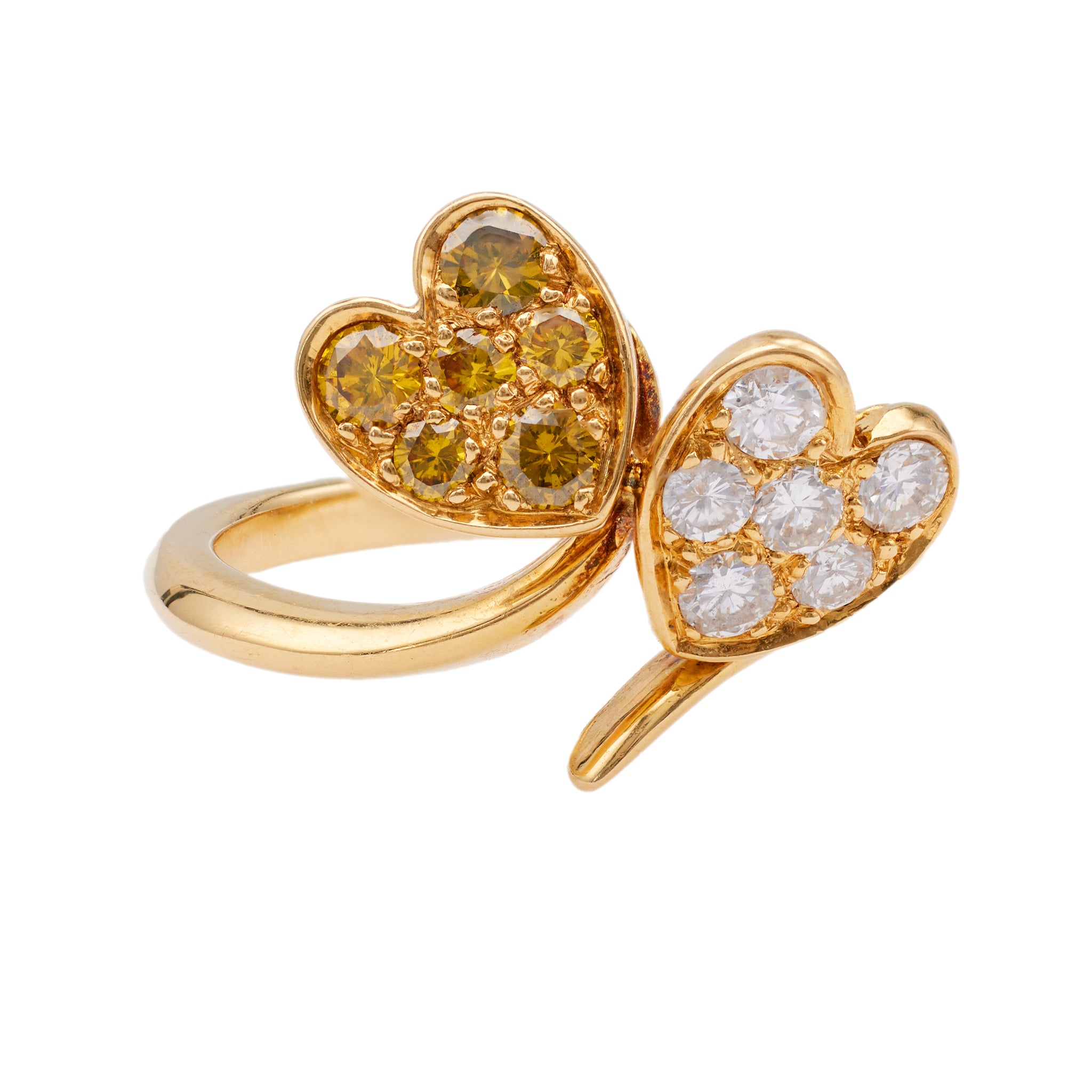 Vintage French Diamond 18k Yellow Gold Double Heart Ring
